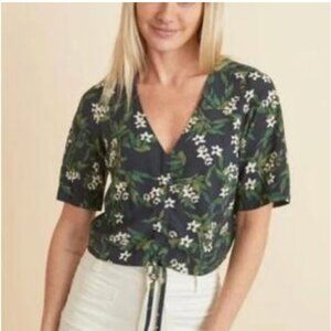 Marine Layer Navy Floral Ruched Blouse V-Neck Short Sleeve Size S